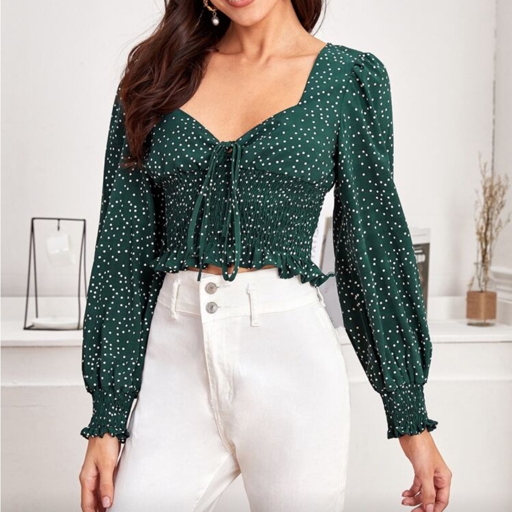 SHEIN Dark Green Polka Dot Blouse